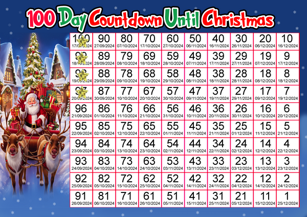 100 Day Christmas Countdown Calendar Sticker Count Down Decor 2024 A4 Card