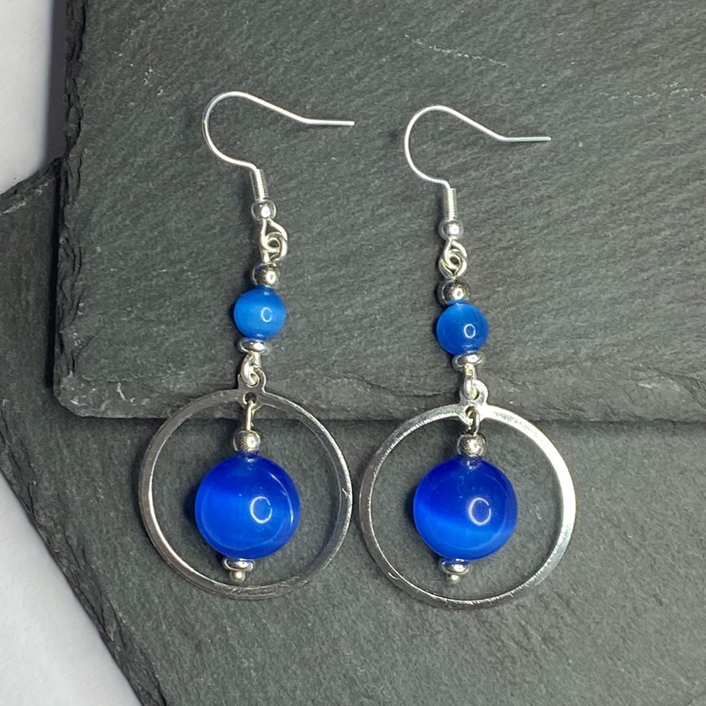 Deep Ocean Blue Silver Hooped Dangle Earrings