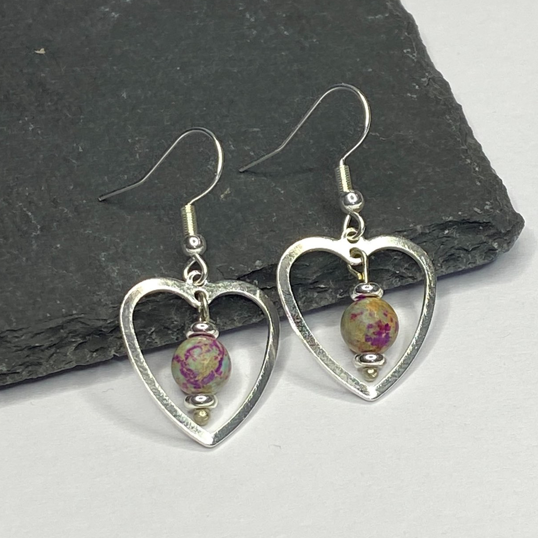 Violet Imperial Jasper Silver Heart Dangle Earrings