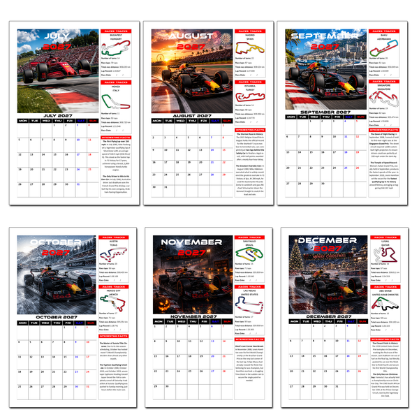 2027 Calendar Formula Racing Motorsports, Track Stats, Race Locations, A4 Size