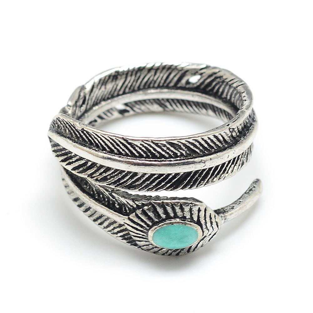 Boho Feather Adjustable Ring with Turquoise Gem
