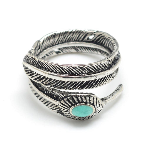 Boho Feather Adjustable Ring with Turquoise Gem