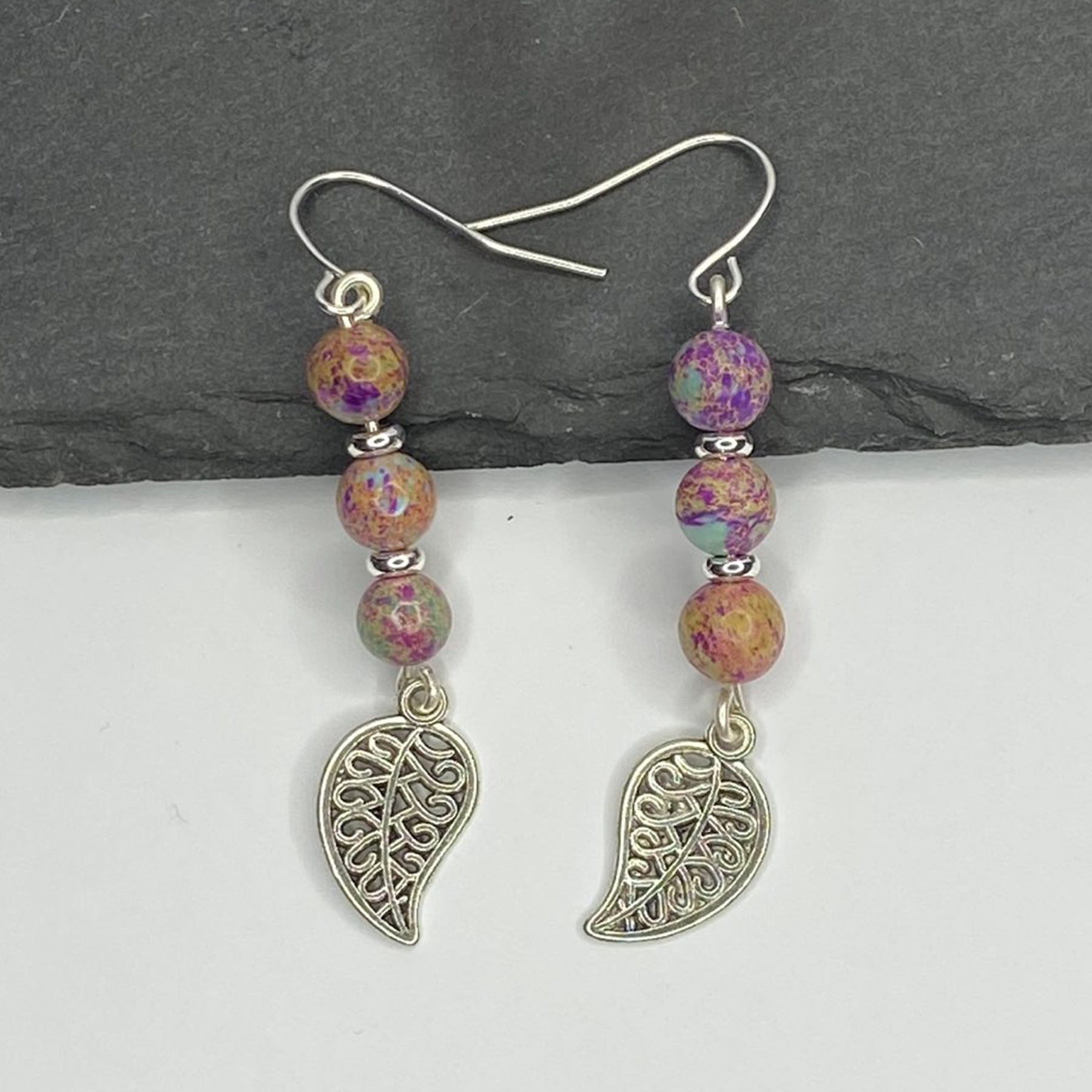 Violet Imperial Jasper Bohemian Leaf Dangle Earrings