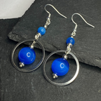 Deep Ocean Blue Silver Hooped Dangle Earrings