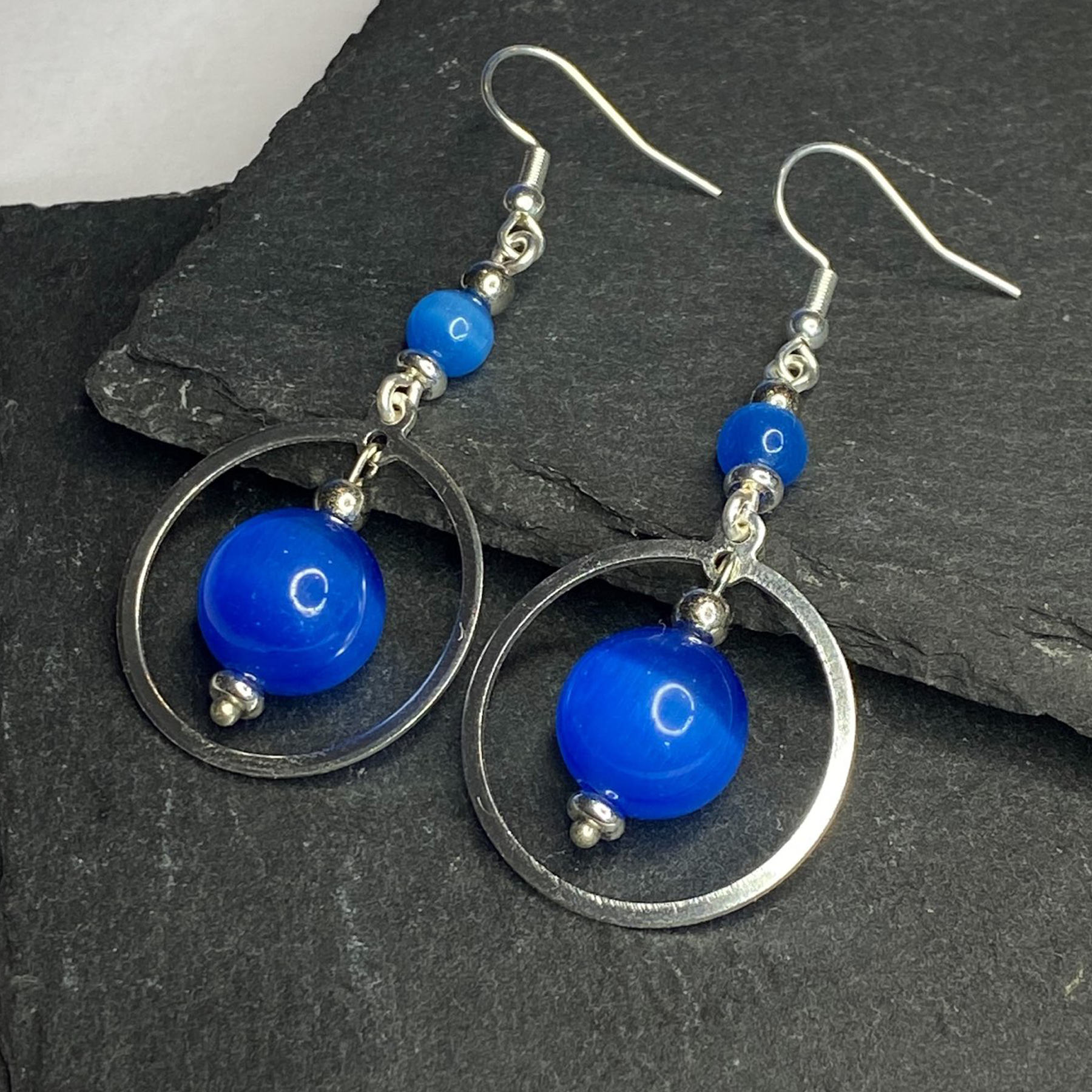 Deep Ocean Blue Silver Hooped Dangle Earrings