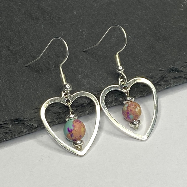 Violet Imperial Jasper Silver Heart Dangle Earrings