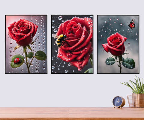 Red Roses with Bumble Bee, Ladybug and Butterfly Wall Art Set of 3 Prints