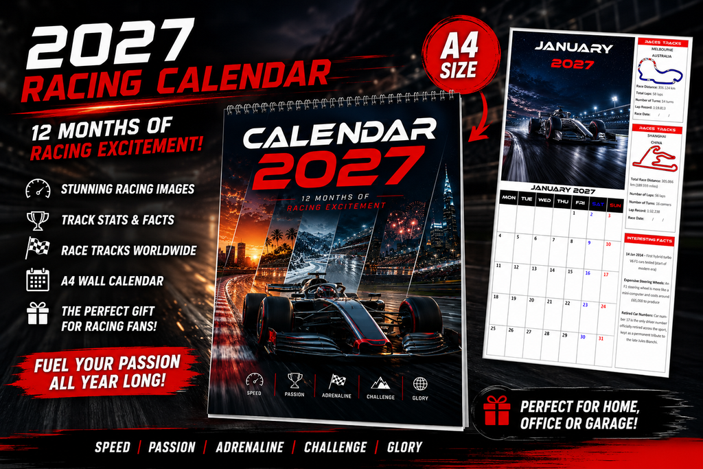 2027 Calendar Formula Racing Motorsports, Track Stats, Race Locations, A4 Size