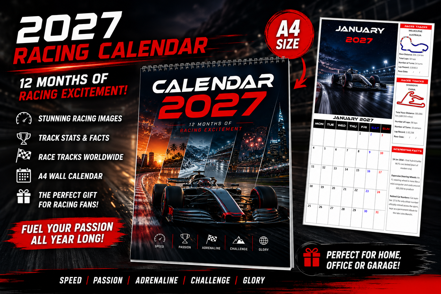 2027 Calendar Formula Racing Motorsports, Track Stats, Race Locations, A4 Size