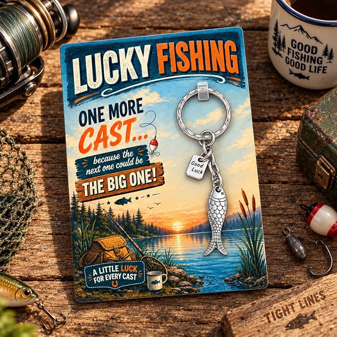 Fishing Keyring for Men, Lucky Fish Charm with Good Luck Tag
