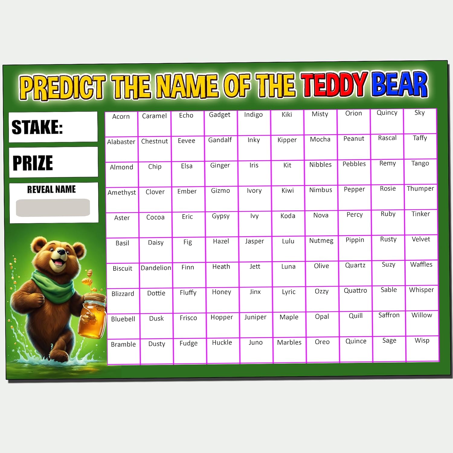 Teddy Bear Fundraising Scratch Card – Predict the Name