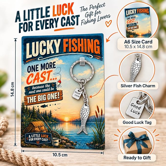 Fishing Keyring for Men, Lucky Fish Charm with Good Luck Tag