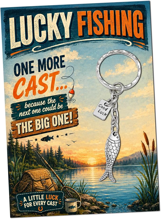 Fishing Keyring for Men, Lucky Fish Charm with Good Luck Tag