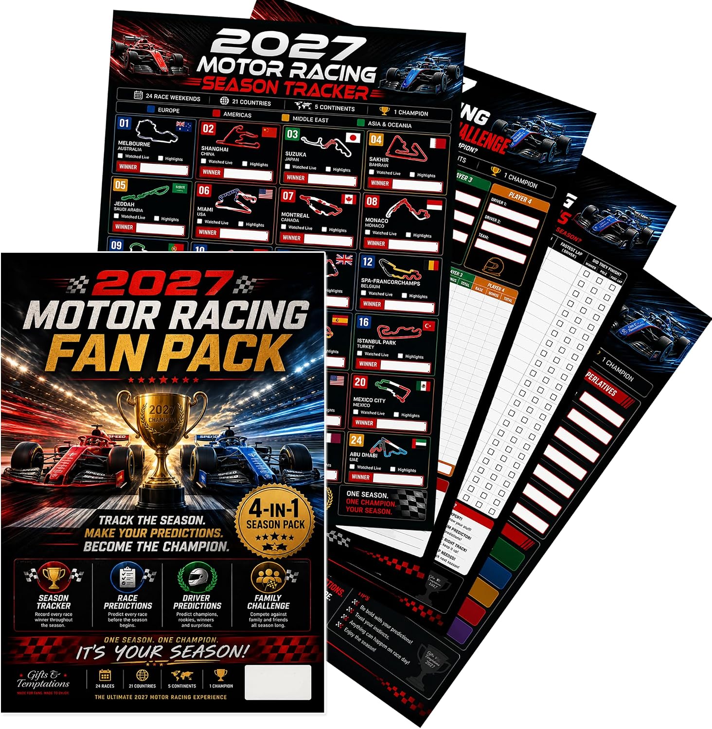 2027 Motor Racing Season Pack – 4 Large A3 Activity Sheets – Race Tracker, Season Predictions, Driver Championship Predictor & Family Challenge Game for Motorsport Fans