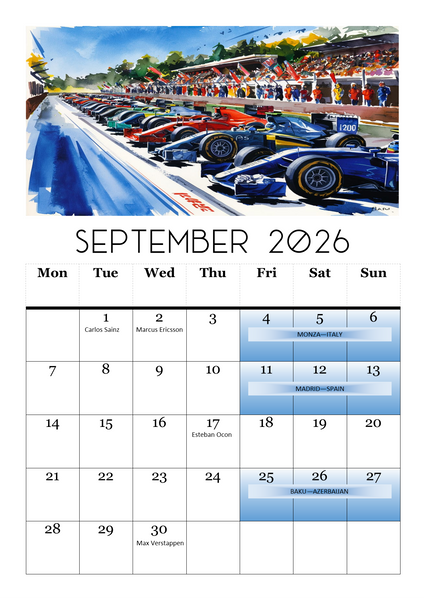 2026 Calendar Formula Racing Motorsports Events Dates, Driver Birthdays, A4 Size