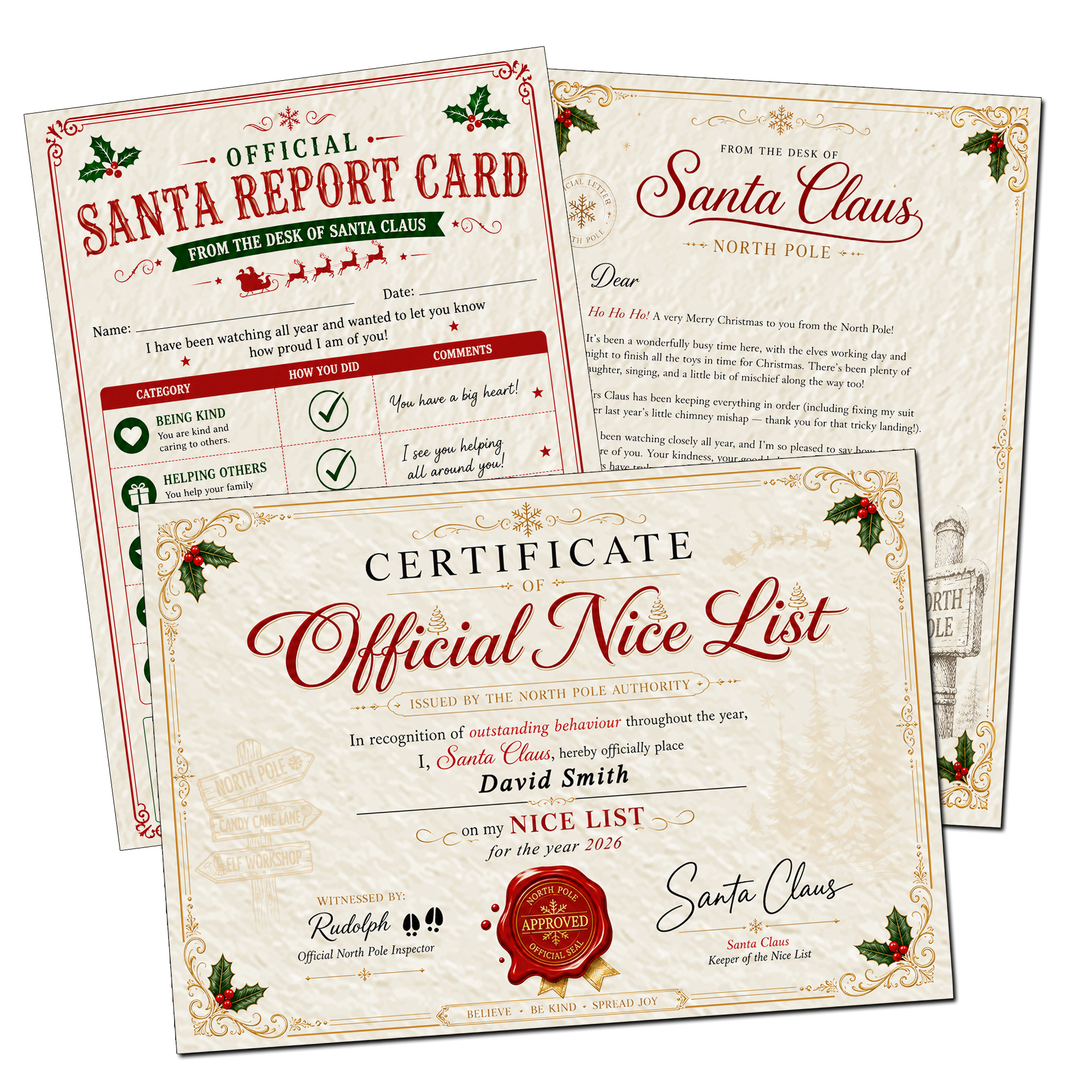 Personalised Christmas Nice List Certificate and Letters A5 Size