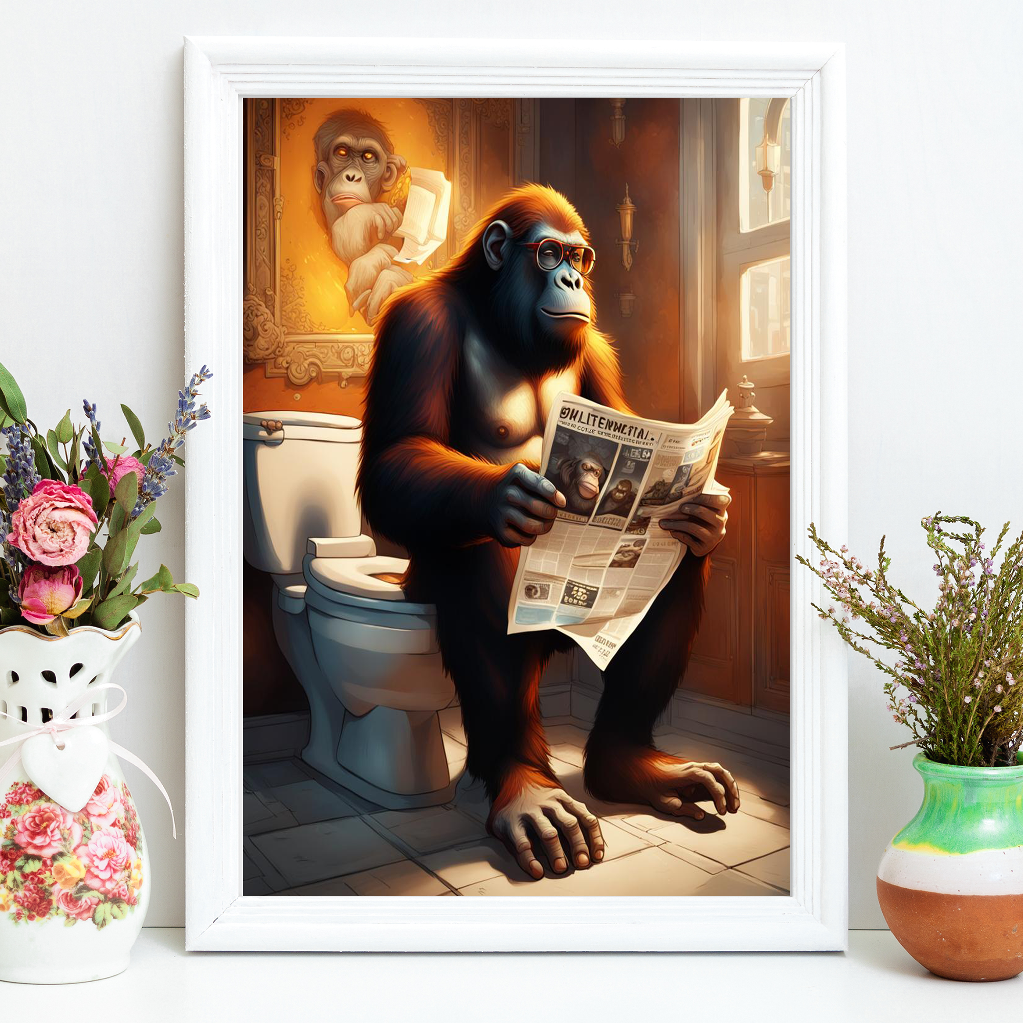Primate Porcelain Perusal: Quirky Wall Art with Ape-titude Wall Art