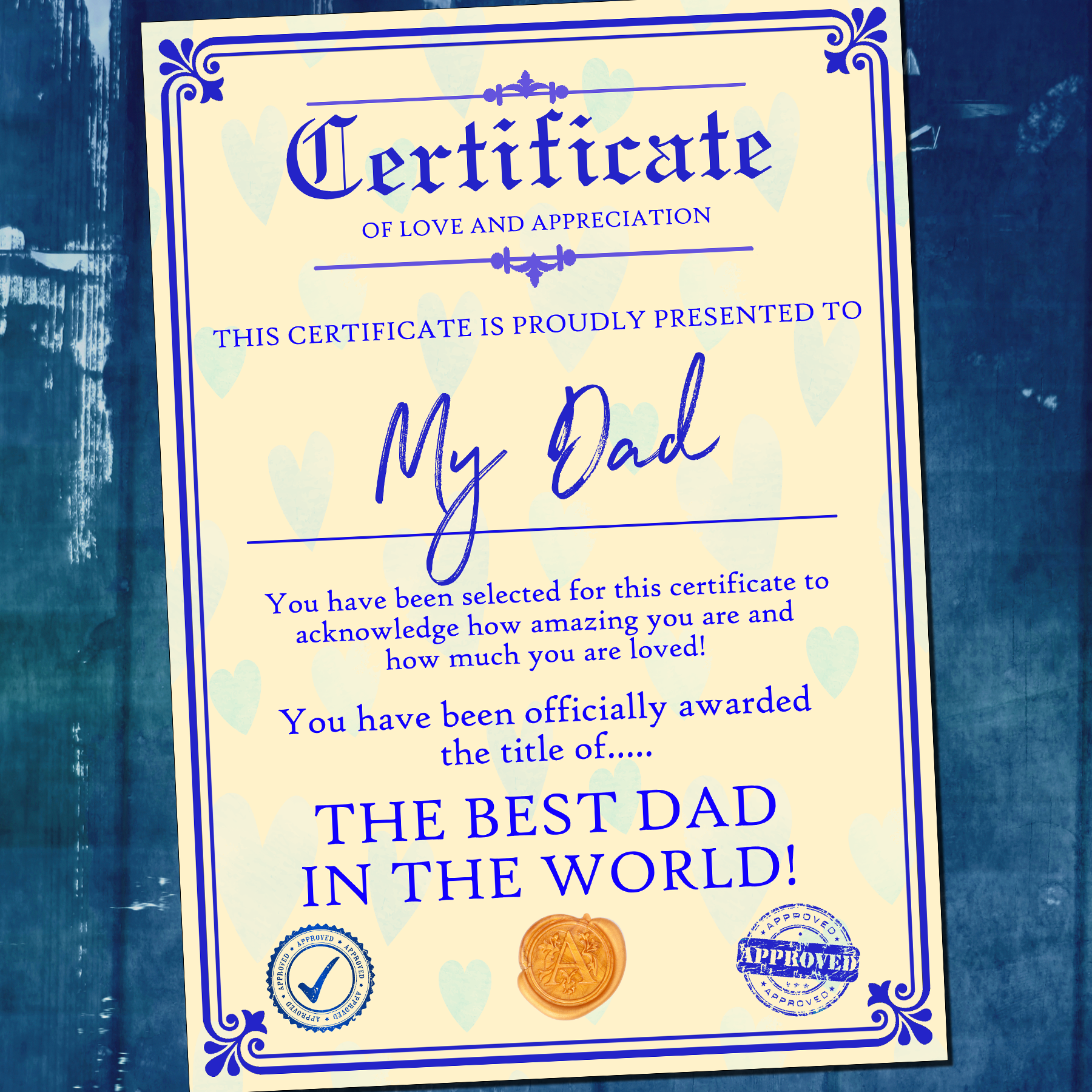 Personalised Fathers Day Gift Present Best Dad Daddy Grandad Grandpa Uncle A4 Certificate
