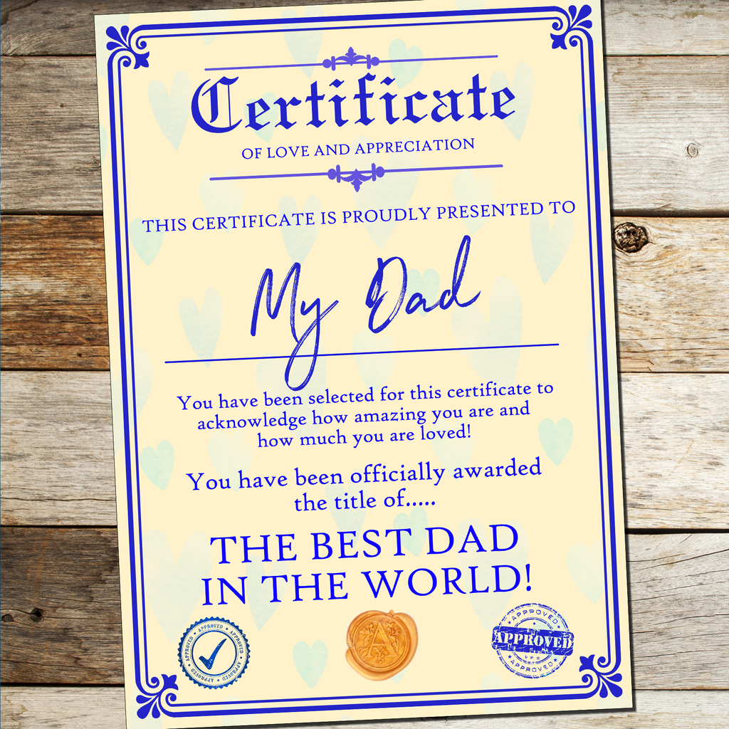 Personalised Fathers Day Gift Present Best Dad Daddy Grandad Grandpa Uncle A4 Certificate
