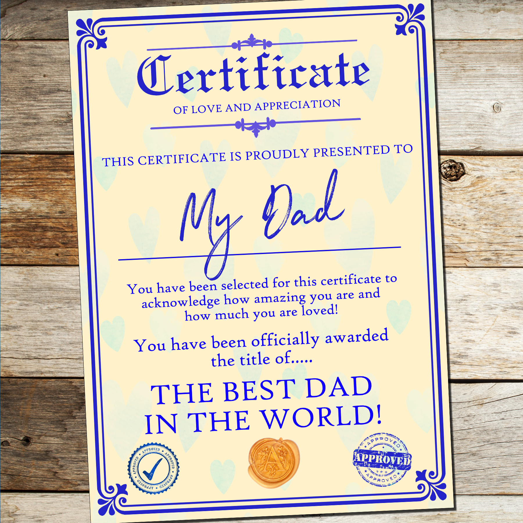 Personalised Fathers Day Gift Present Best Dad Daddy Grandad Grandpa Uncle A4 Certificate