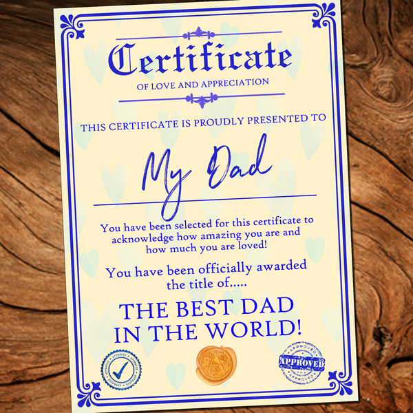 Personalised Fathers Day Gift Present Best Dad Daddy Grandad Grandpa Uncle A4 Certificate