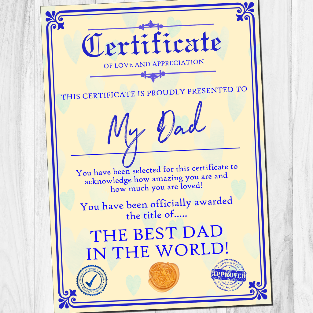Personalised Fathers Day Gift Present Best Dad Daddy Grandad Grandpa Uncle A4 Certificate