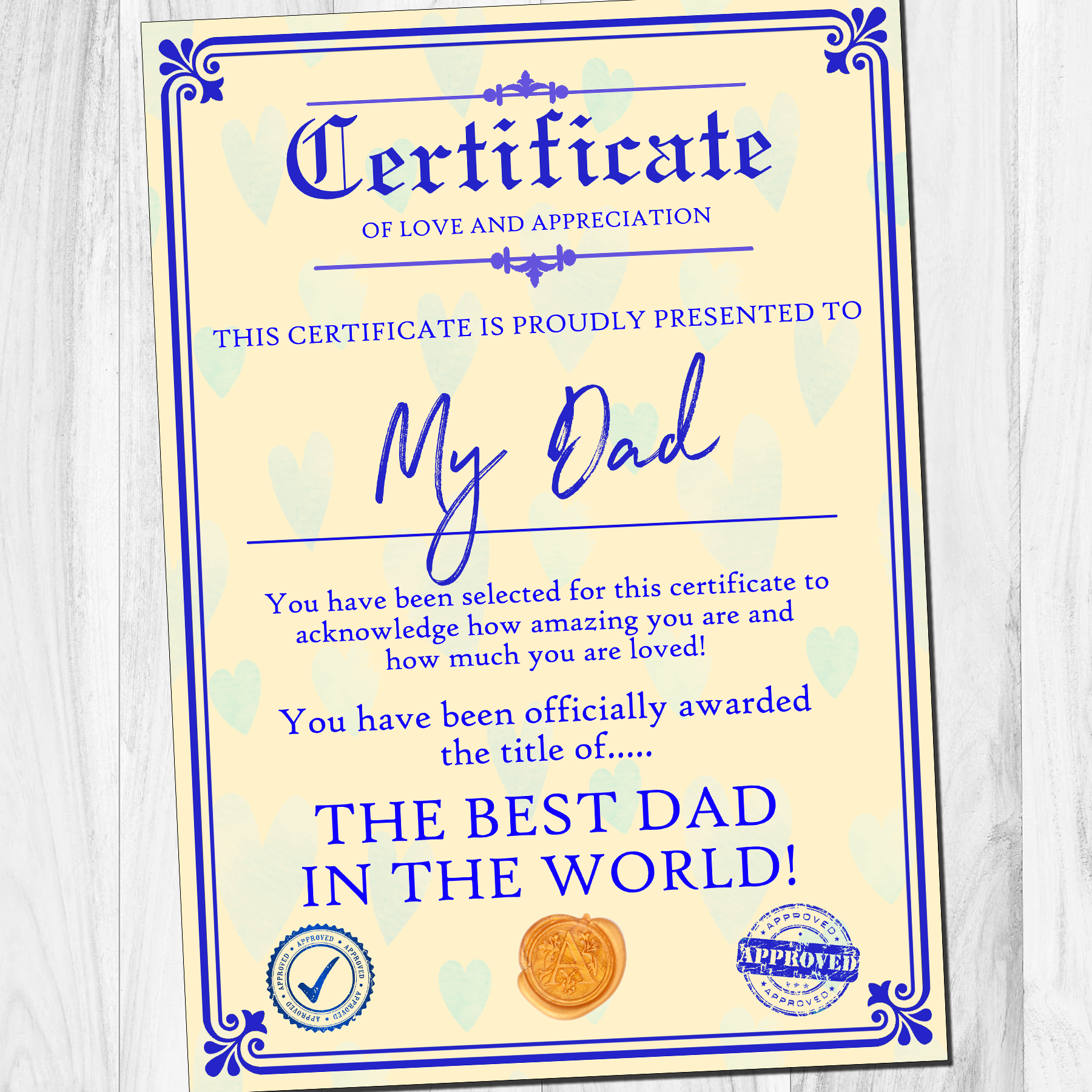 Personalised Fathers Day Gift Present Best Dad Daddy Grandad Grandpa Uncle A4 Certificate
