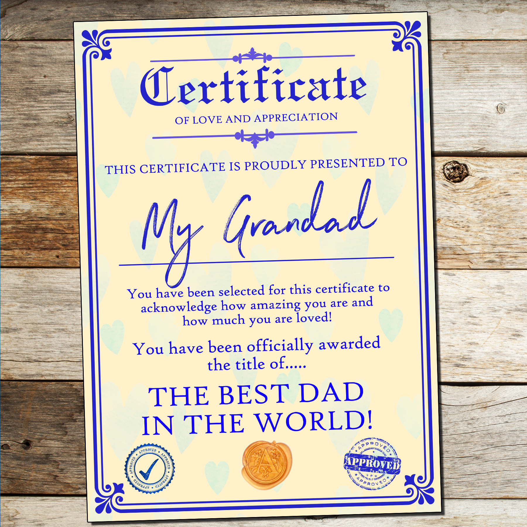 Personalised Fathers Day Gift Present Best Dad Daddy Grandad Grandpa Uncle A4 Certificate