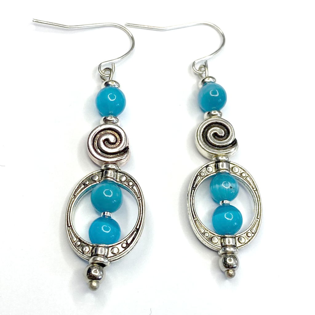 Groovy Boho Dangle Earrings, Imperial Jasper, Blue Cat Eye, Turquoise Howlite and Sea Shell, Malachite Bead