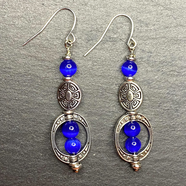 Deep Blue Cat Eye Moon Stone Style Dangle Bohemian Earrings, Necklace