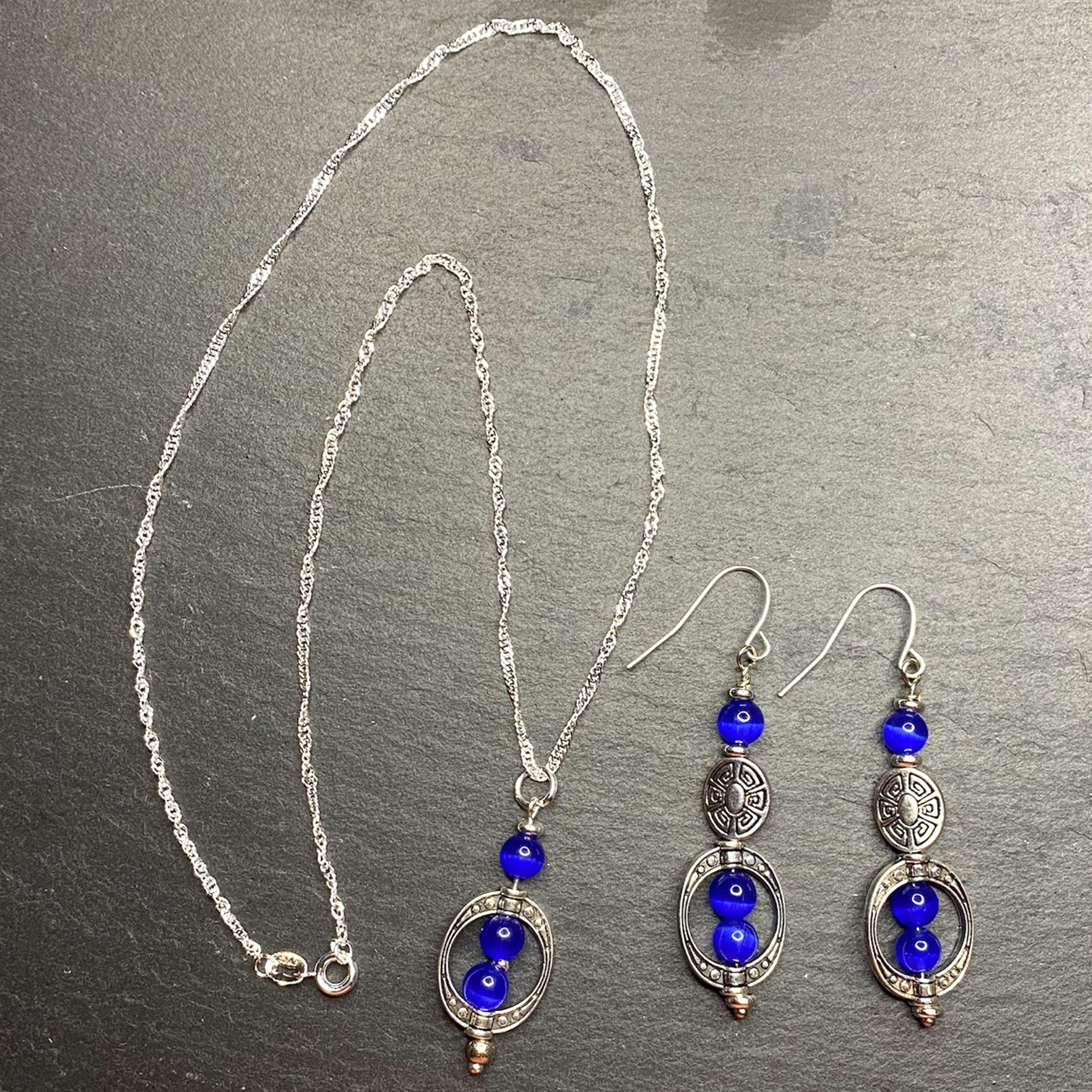 Deep Blue Cat Eye Moon Stone Style Dangle Bohemian Earrings, Necklace