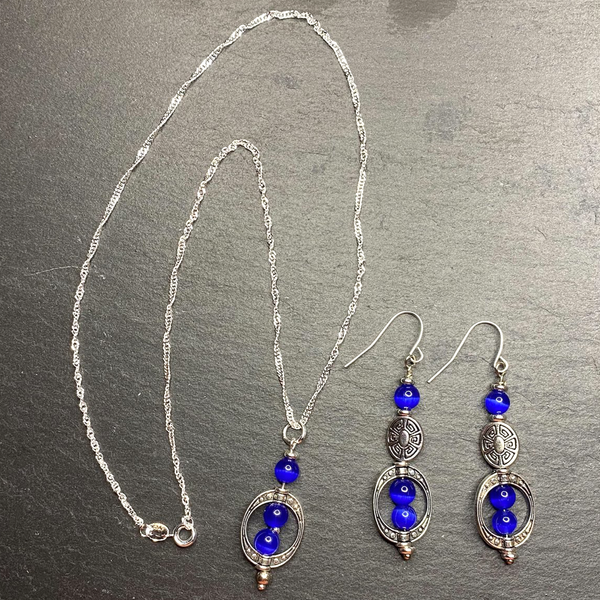Deep Blue Cat Eye Moon Stone Style Dangle Bohemian Earrings, Necklace