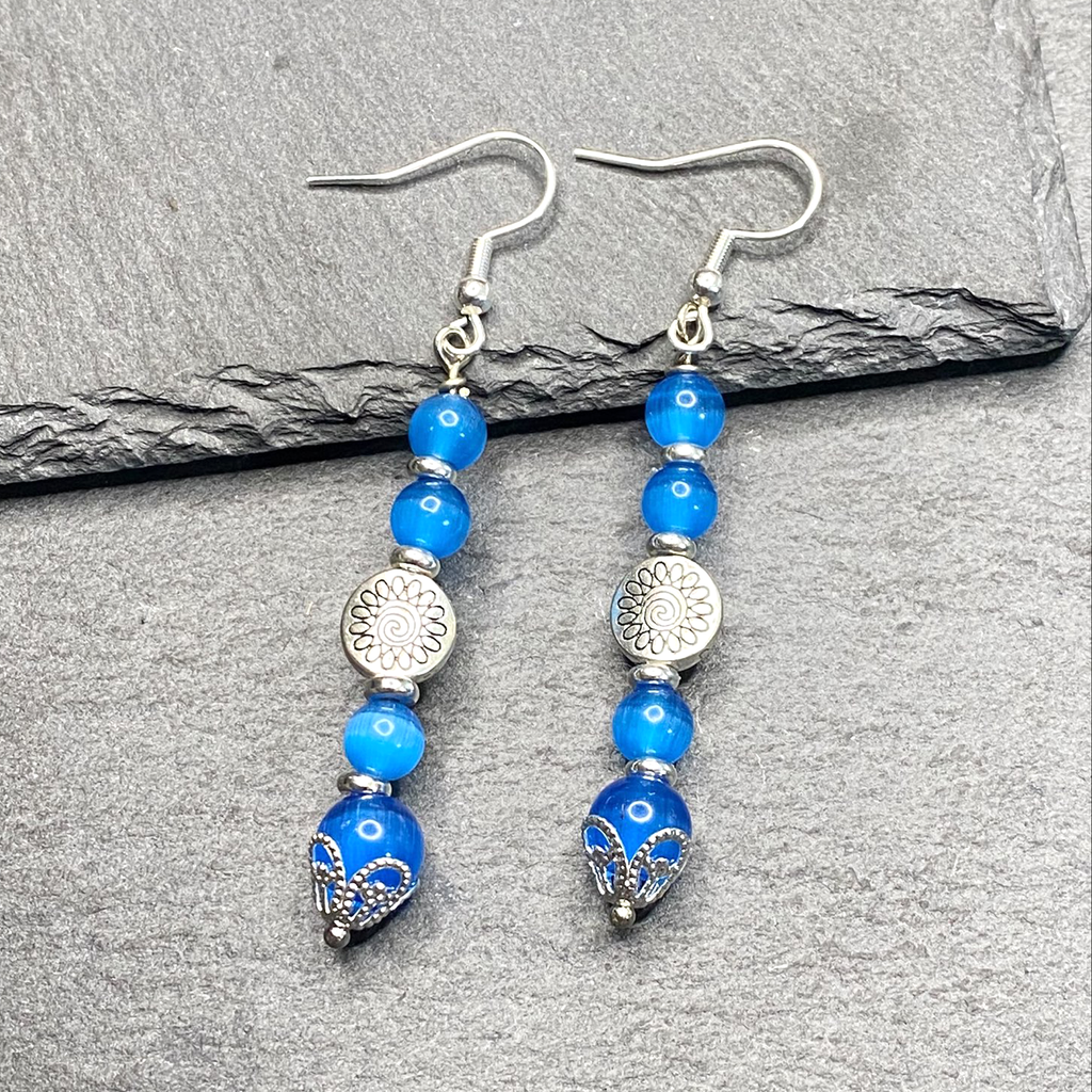 Paradise Blue Moon Cat Eye Dangle Earring and Necklace Weddings, Birthdays, Christmas for Her