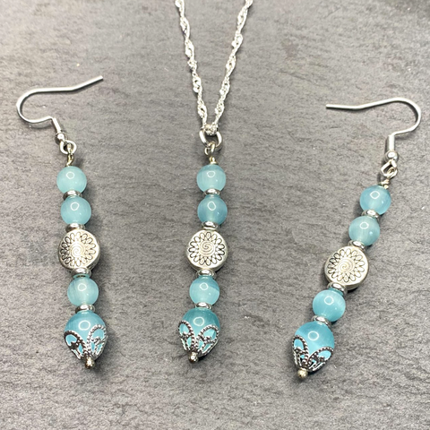 Sky Blue Moon Cat Eye Dangle Earring and Necklace Weddings, Birthdays, Christmas for Her