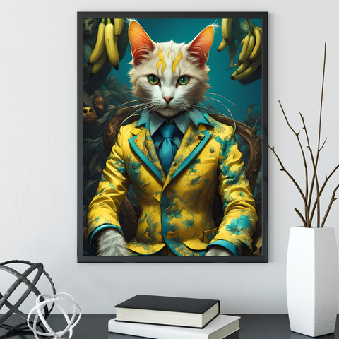 Cat Wearing Banana Suit Print, Art Prints, Living Room Digital Print, Cat Portrait, Animal Print, Vintage Wall Art, Unique Gift