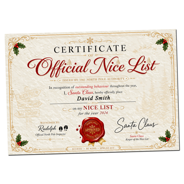 Personalised Christmas Nice List Certificate and Letters 2026