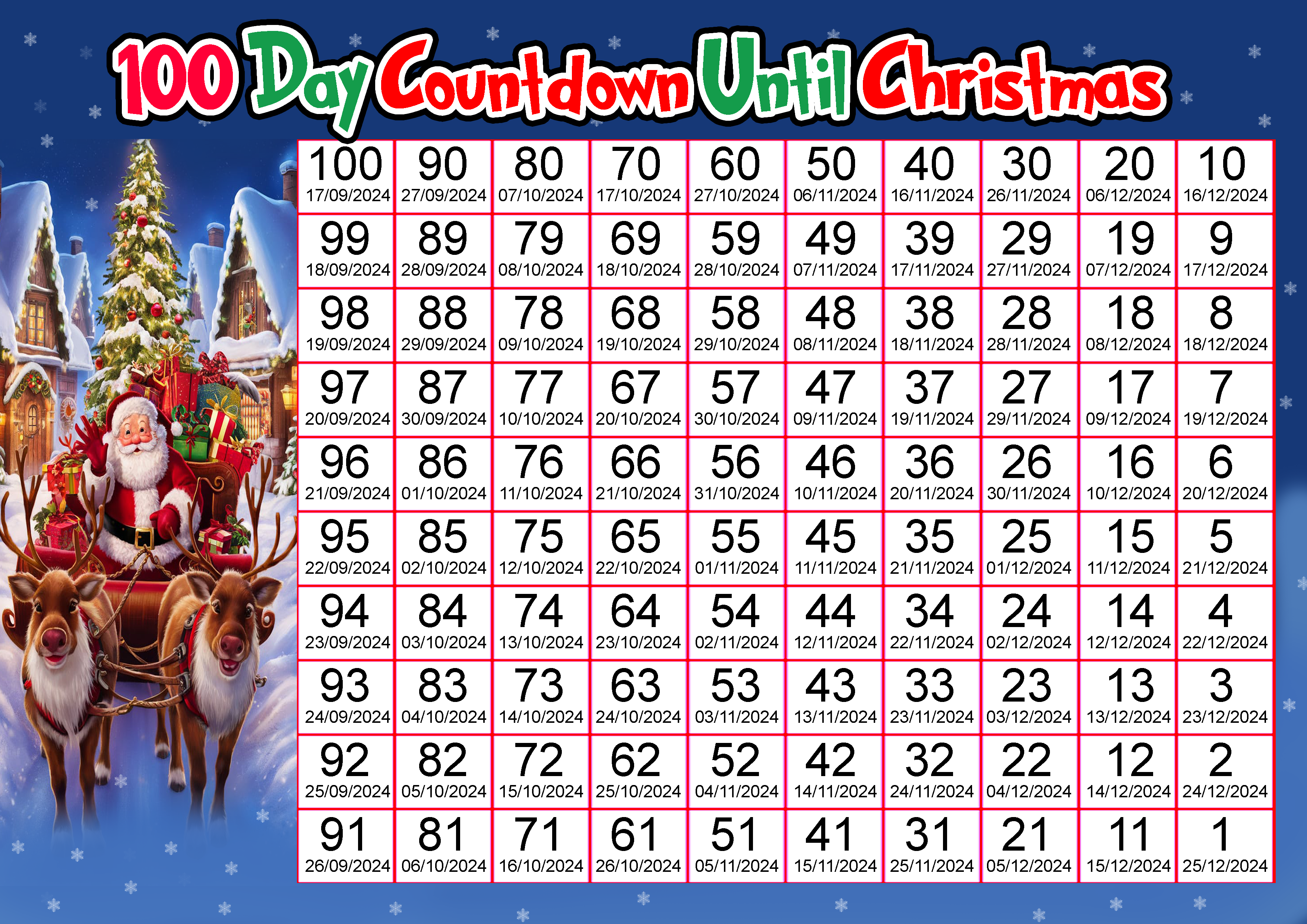 100 Day Christmas Countdown Calendar Sticker Count Down Decor 2024 A4 Card