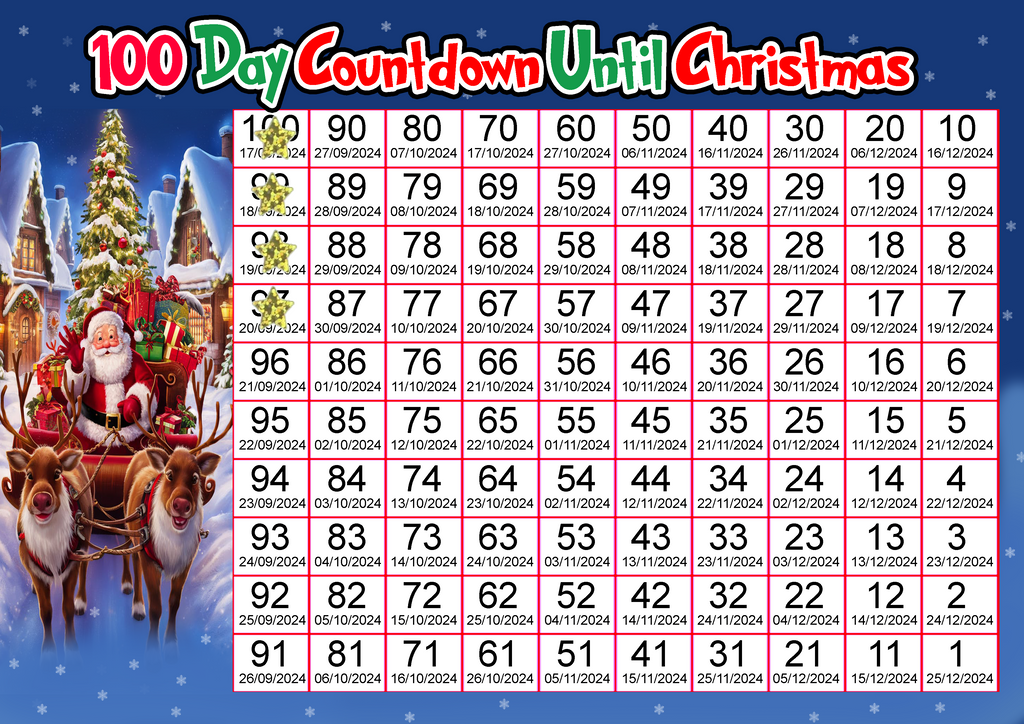 100 Day Christmas Countdown Calendar Sticker Count Down Decor 2024 A4 Card