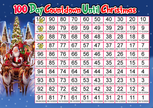100 Day Christmas Countdown Calendar Sticker Count Down Decor 2024 A4 Card