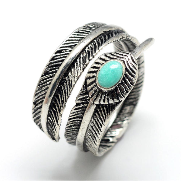 Boho Feather Adjustable Ring with Turquoise Gem