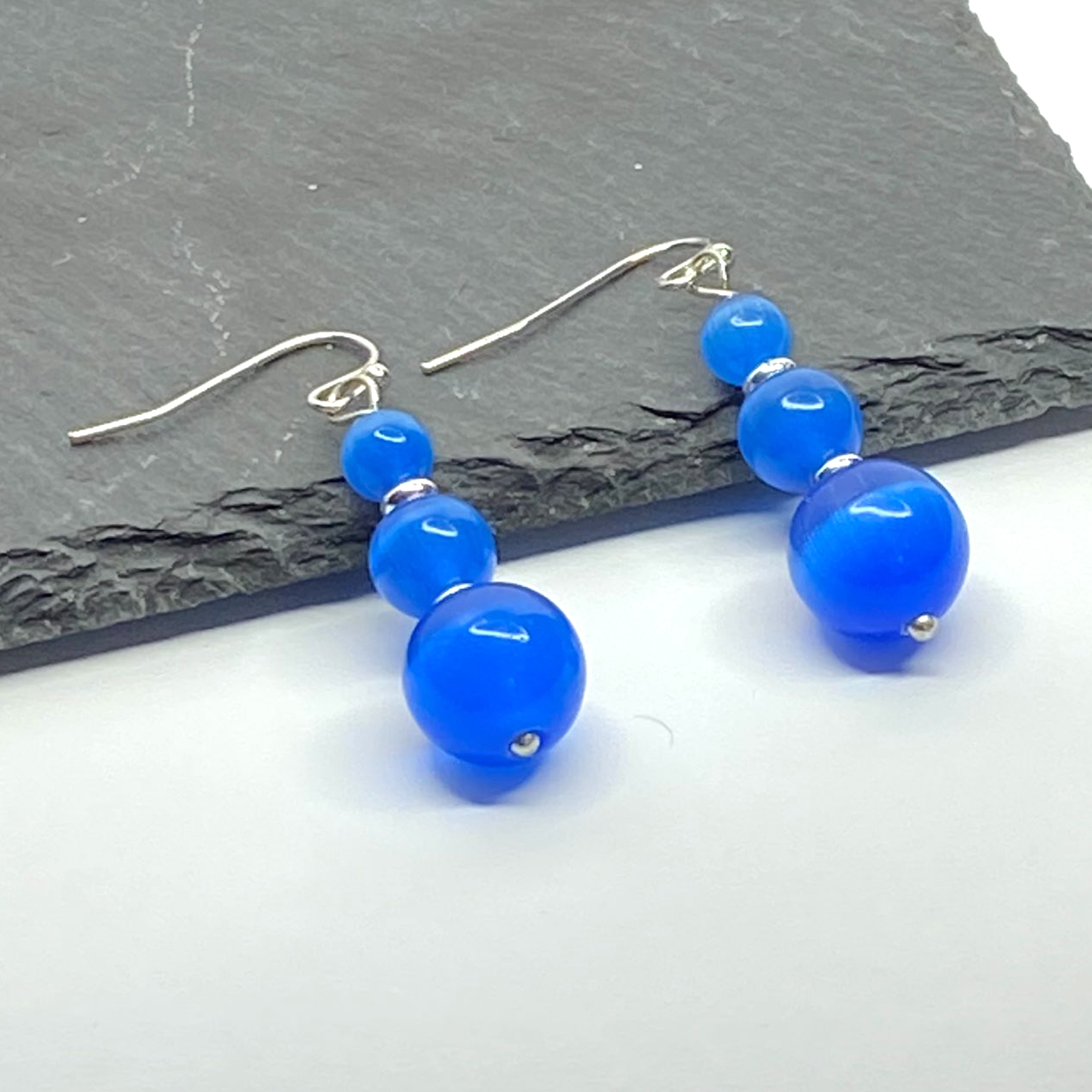 Ocean Deep Blue Cat Eye Moonstone Style Drop Earrings