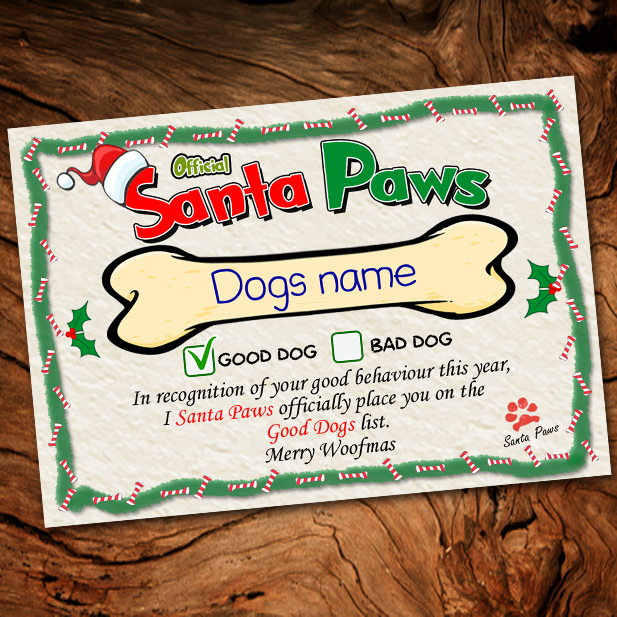 Personalised Dog Santa Paws Certificates