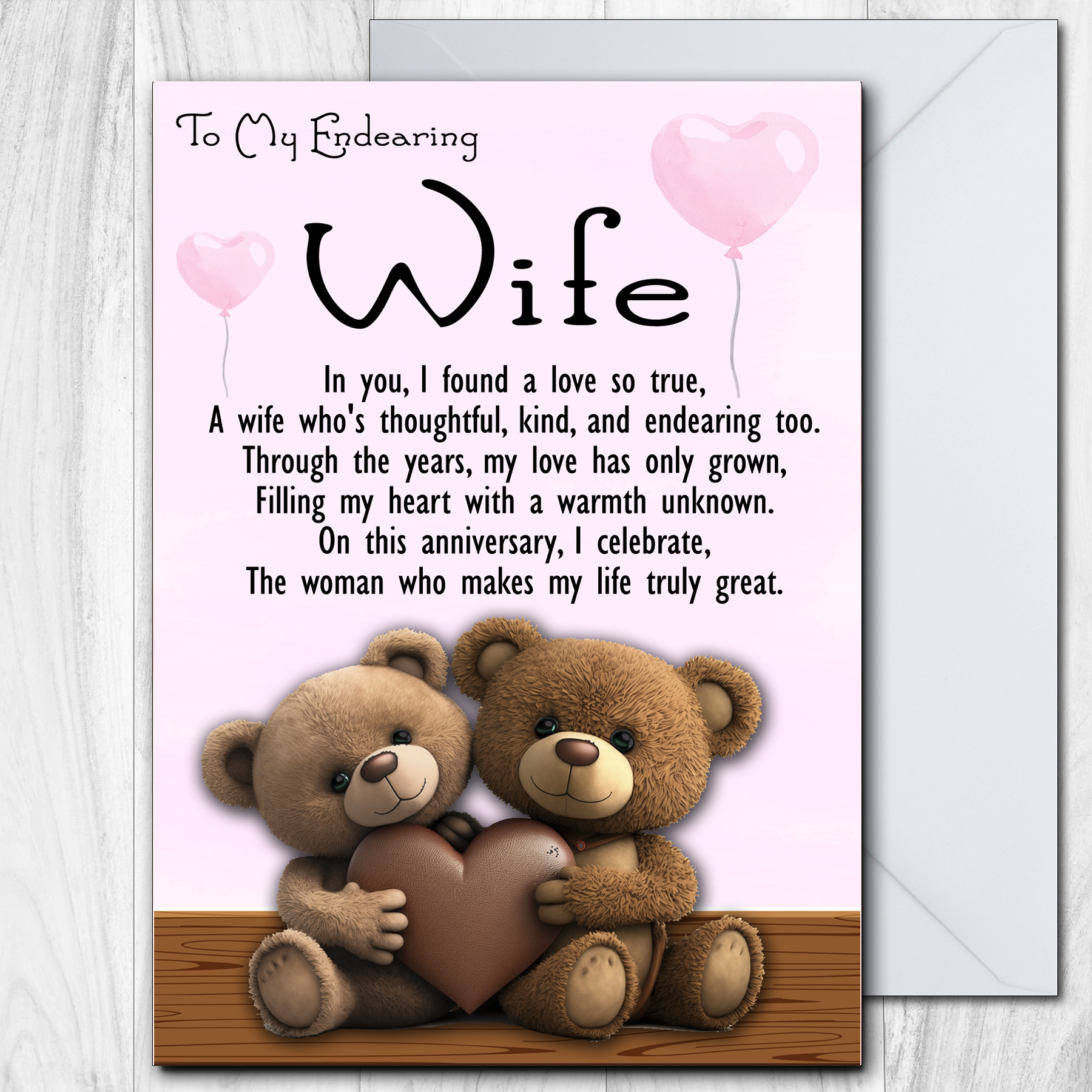 To My Endearing Wife On Our Anniversary A5 Card Love Wedding Anniversary