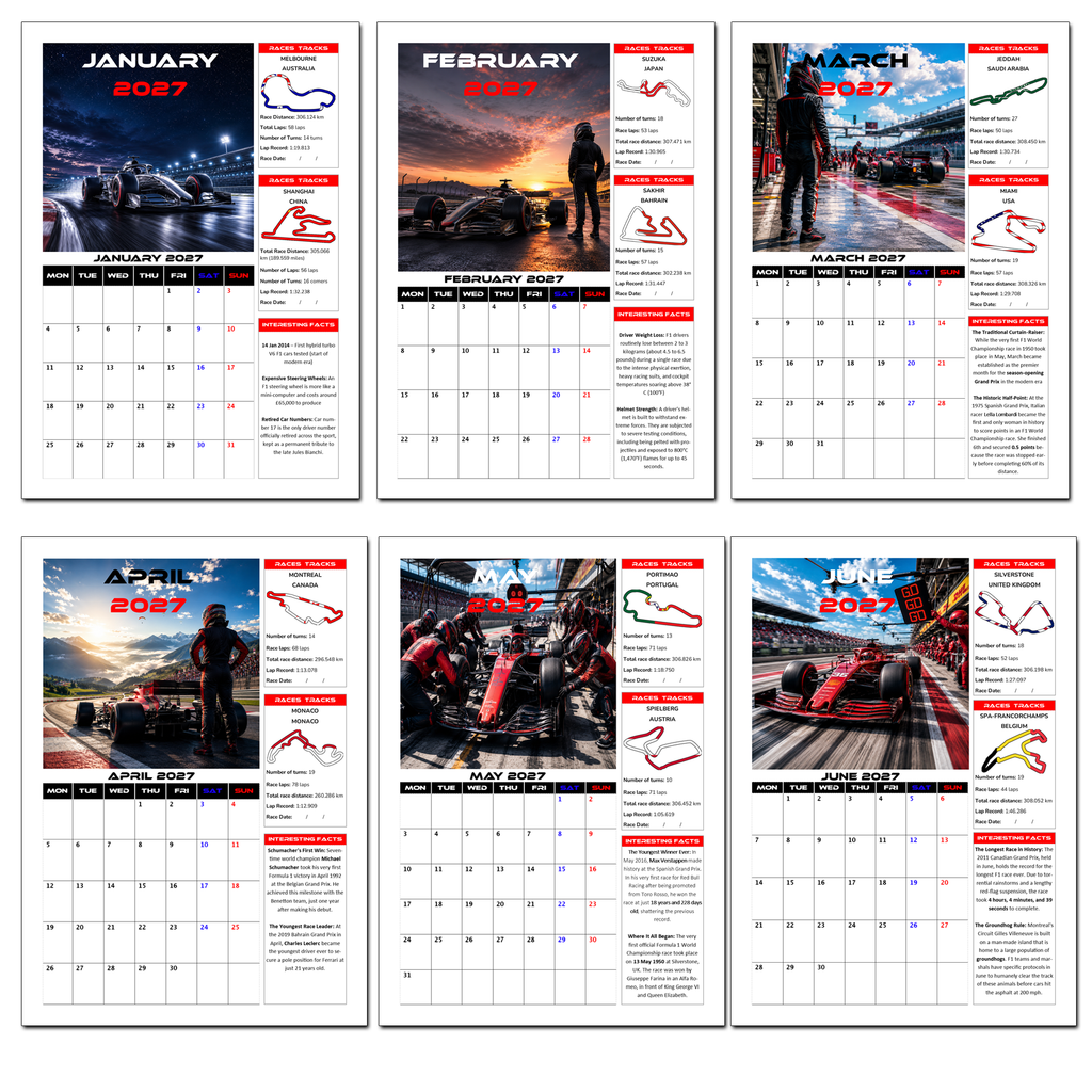 2027 Calendar Formula Racing Motorsports, Track Stats, Race Locations, A4 Size