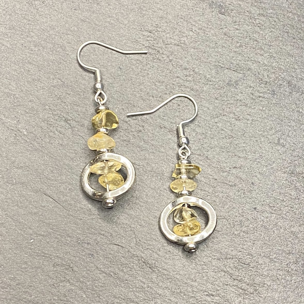 Natural Citrine Chip Bead Tumbled Dangle, Framed, Necklace