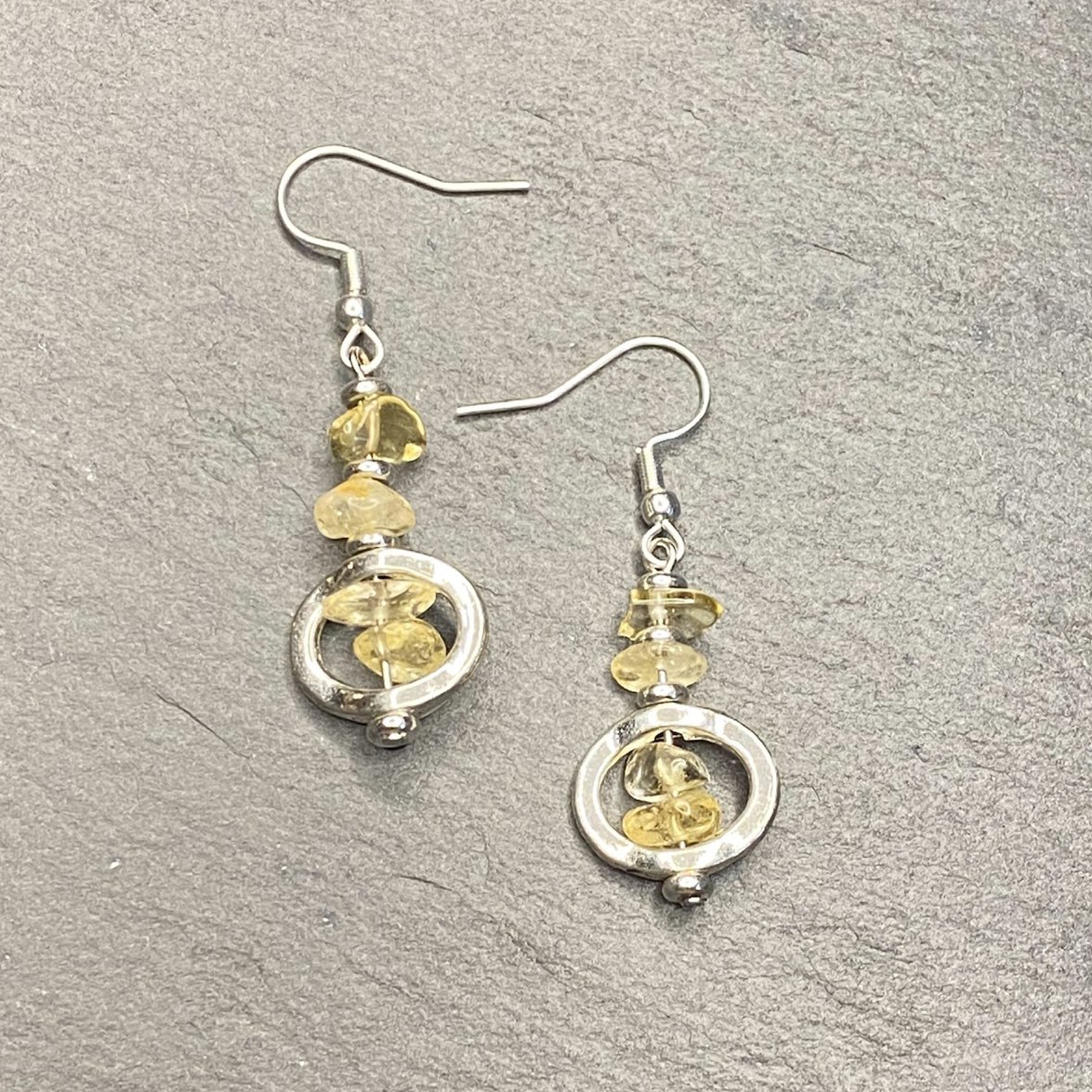 Natural Citrine Chip Bead Tumbled Dangle, Framed, Necklace