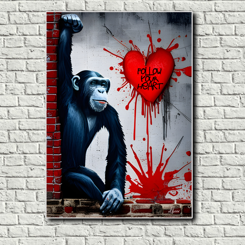 Chimpanzee Graffiti Print "Follow your heart" in the style of Banksy