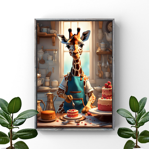 Giraffe Gourmet: Whimsical Baking Wall Art Print Decor Print