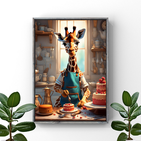 Giraffe Gourmet: Whimsical Baking Wall Art Print Decor Print