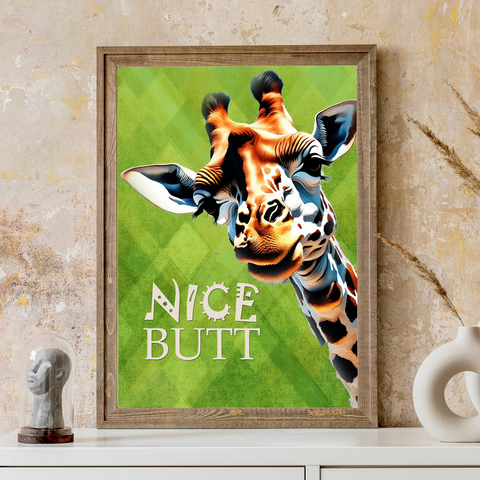 Vintage Cheeky Giraffe Nice Butt Print - Wall Art for Bathroom